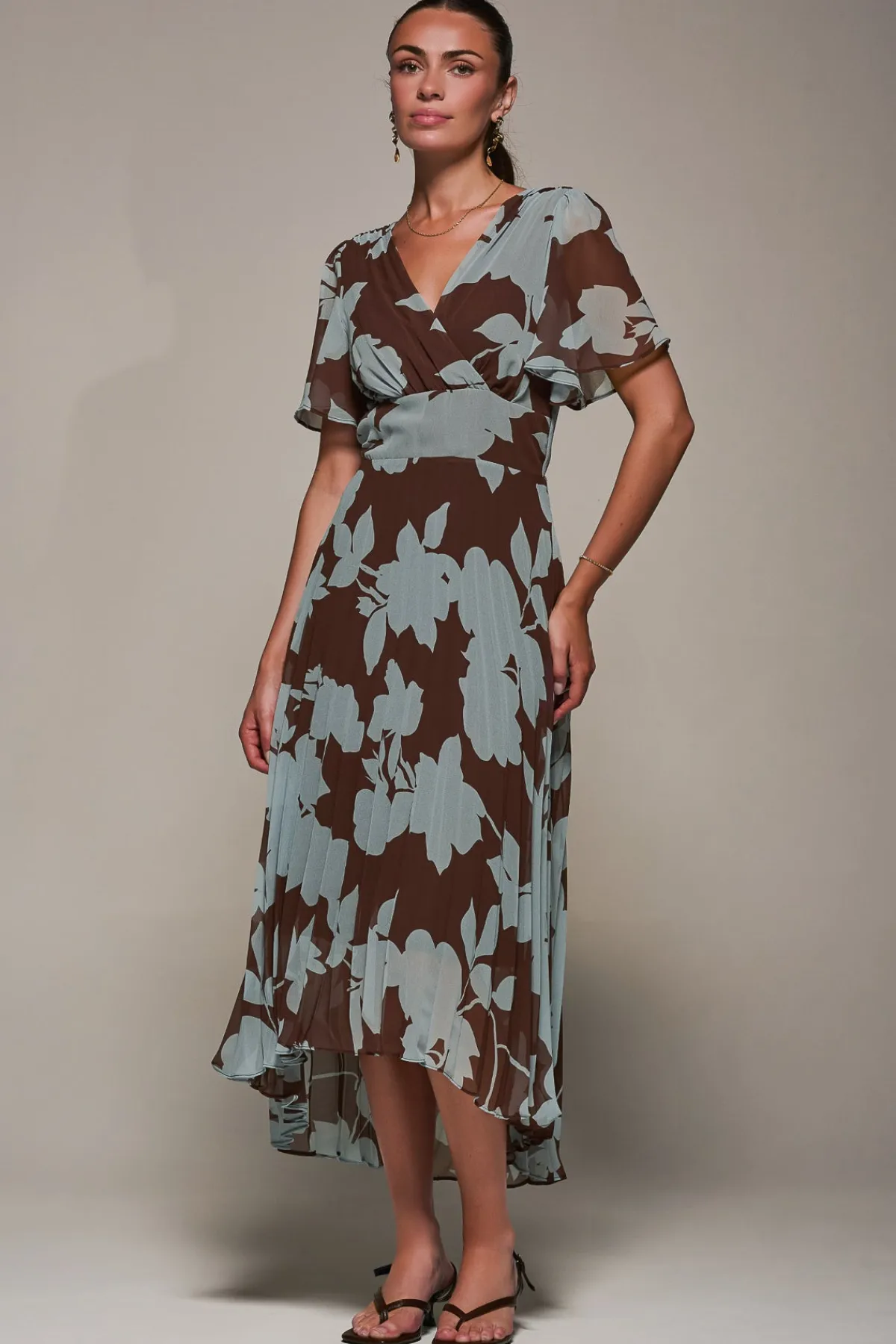 Jolie Moi Occasion Dresses|Floral Dresses-Chiffon Pleated Dip Hem Maxi Dress, Brown Floral