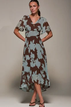 Jolie Moi Occasion Dresses|Floral Dresses-Chiffon Pleated Dip Hem Maxi Dress, Brown Floral