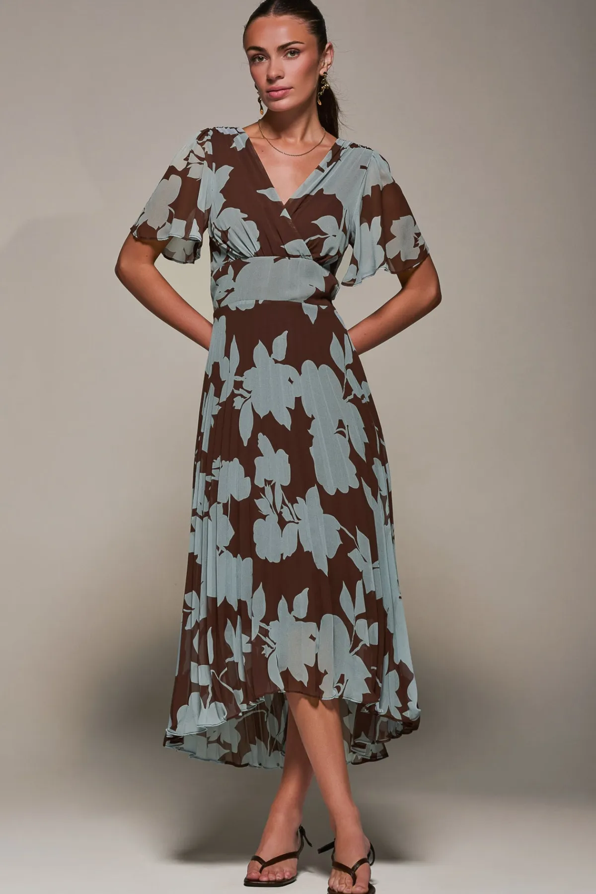 Jolie Moi Occasion Dresses|Floral Dresses-Chiffon Pleated Dip Hem Maxi Dress, Brown Floral