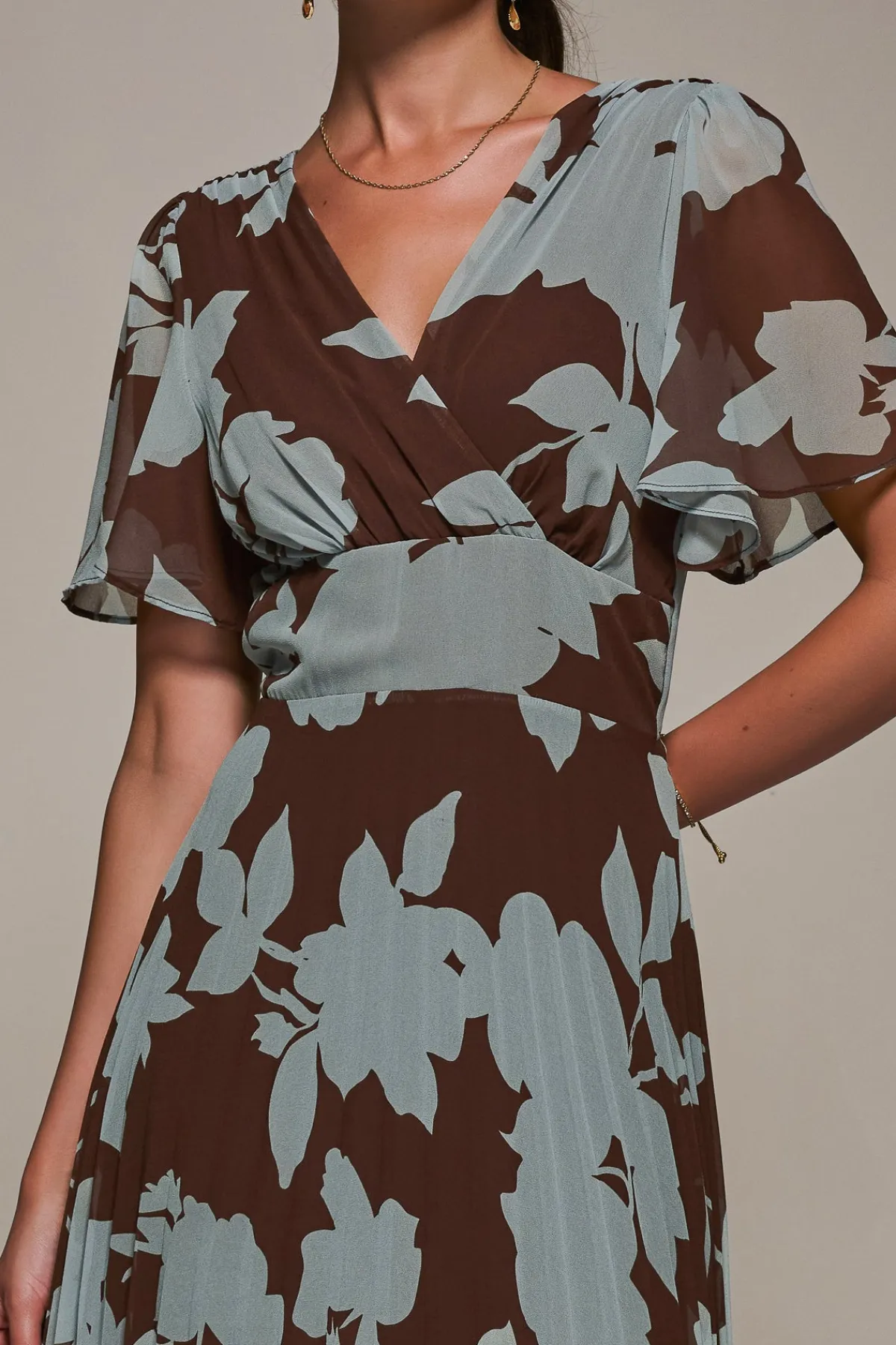 Jolie Moi Occasion Dresses|Floral Dresses-Chiffon Pleated Dip Hem Maxi Dress, Brown Floral