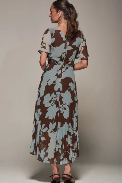 Jolie Moi Occasion Dresses|Floral Dresses-Chiffon Pleated Dip Hem Maxi Dress, Brown Floral