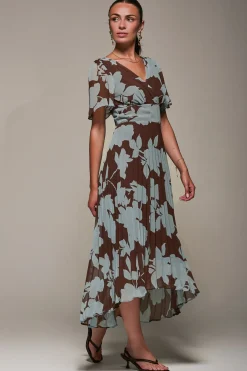 Jolie Moi Occasion Dresses|Floral Dresses-Chiffon Pleated Dip Hem Maxi Dress, Brown Floral