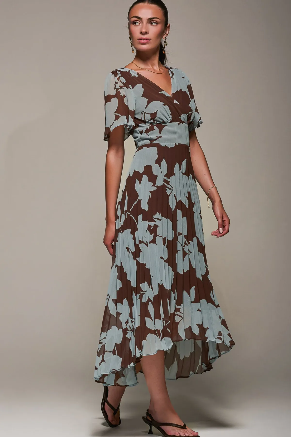 Jolie Moi Occasion Dresses|Floral Dresses-Chiffon Pleated Dip Hem Maxi Dress, Brown Floral