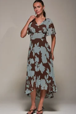 Jolie Moi Occasion Dresses|Floral Dresses-Chiffon Pleated Dip Hem Maxi Dress, Brown Floral