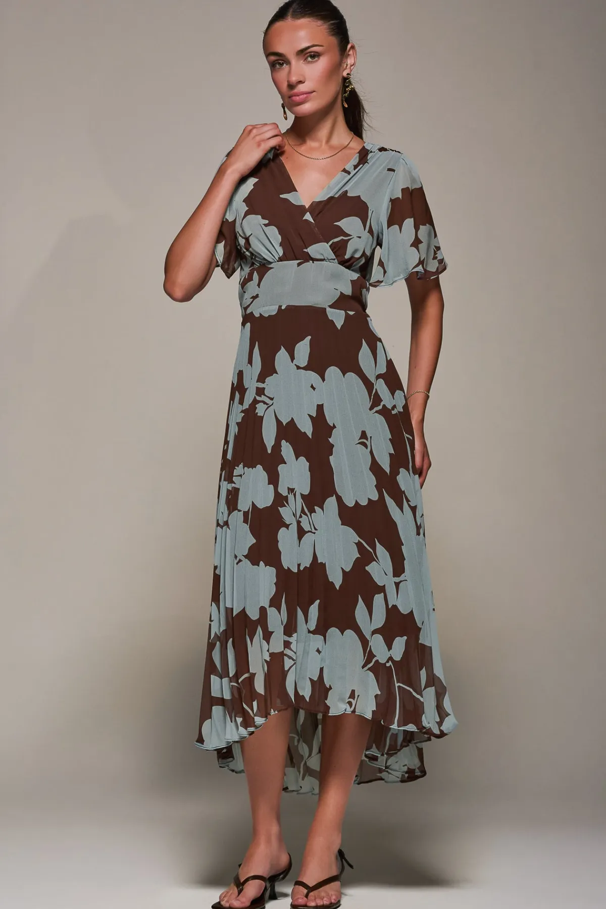 Jolie Moi Occasion Dresses|Floral Dresses-Chiffon Pleated Dip Hem Maxi Dress, Brown Floral