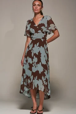 Jolie Moi Occasion Dresses|Floral Dresses-Chiffon Pleated Dip Hem Maxi Dress, Brown Floral
