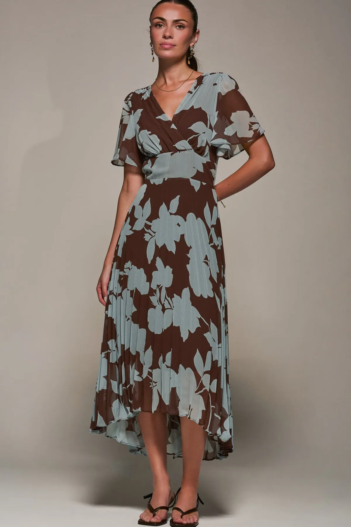 Jolie Moi Occasion Dresses|Floral Dresses-Chiffon Pleated Dip Hem Maxi Dress, Brown Floral