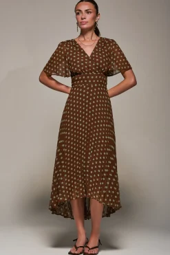 Jolie Moi Occasion Dresses|Maxi Dresses-Chiffon Pleated Dip Hem Maxi Dress, Brown Spot