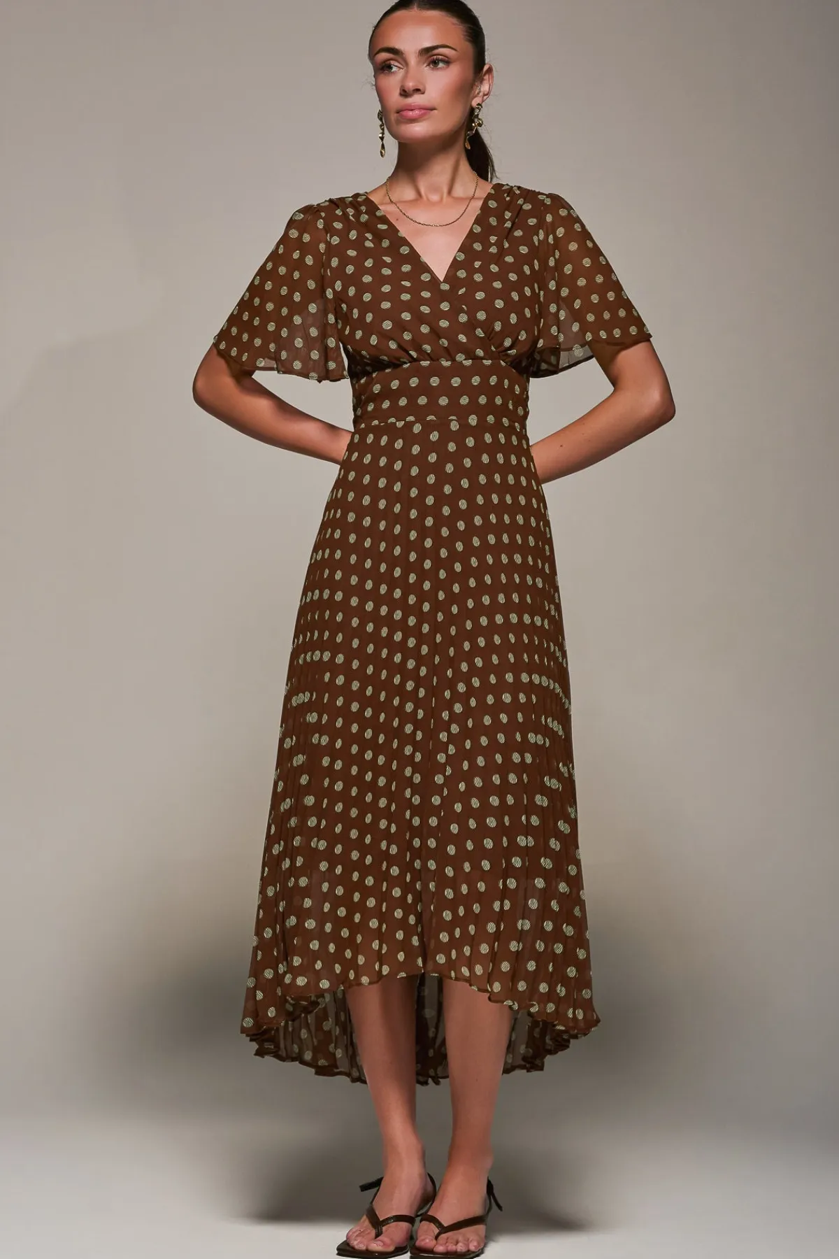 Jolie Moi Occasion Dresses|Maxi Dresses-Chiffon Pleated Dip Hem Maxi Dress, Brown Spot