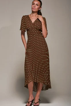 Jolie Moi Occasion Dresses|Maxi Dresses-Chiffon Pleated Dip Hem Maxi Dress, Brown Spot