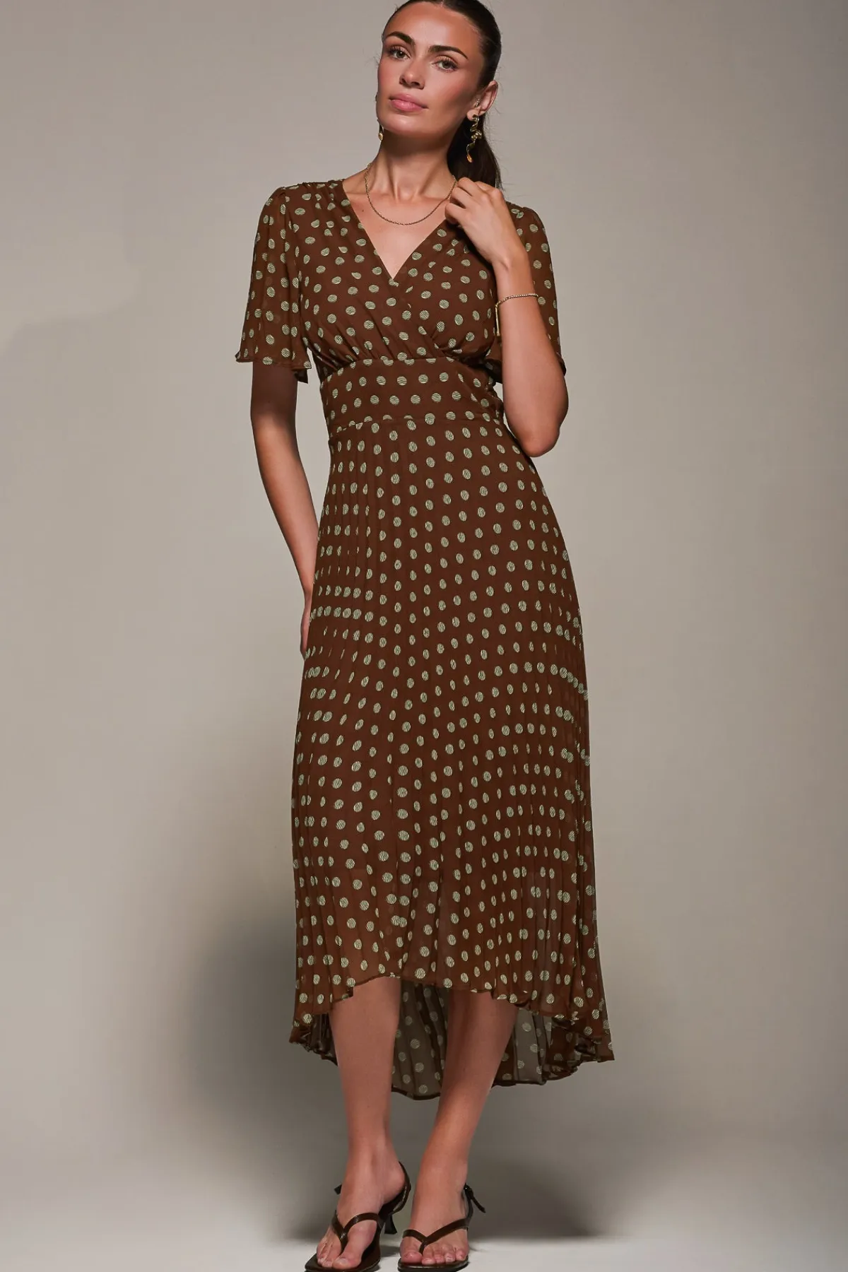 Jolie Moi Occasion Dresses|Maxi Dresses-Chiffon Pleated Dip Hem Maxi Dress, Brown Spot