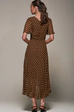 Jolie Moi Occasion Dresses|Maxi Dresses-Chiffon Pleated Dip Hem Maxi Dress, Brown Spot