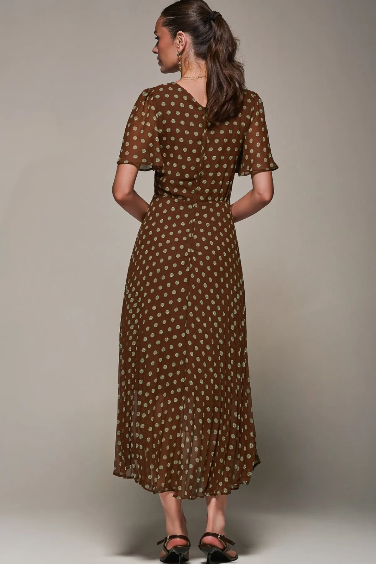 Jolie Moi Occasion Dresses|Maxi Dresses-Chiffon Pleated Dip Hem Maxi Dress, Brown Spot
