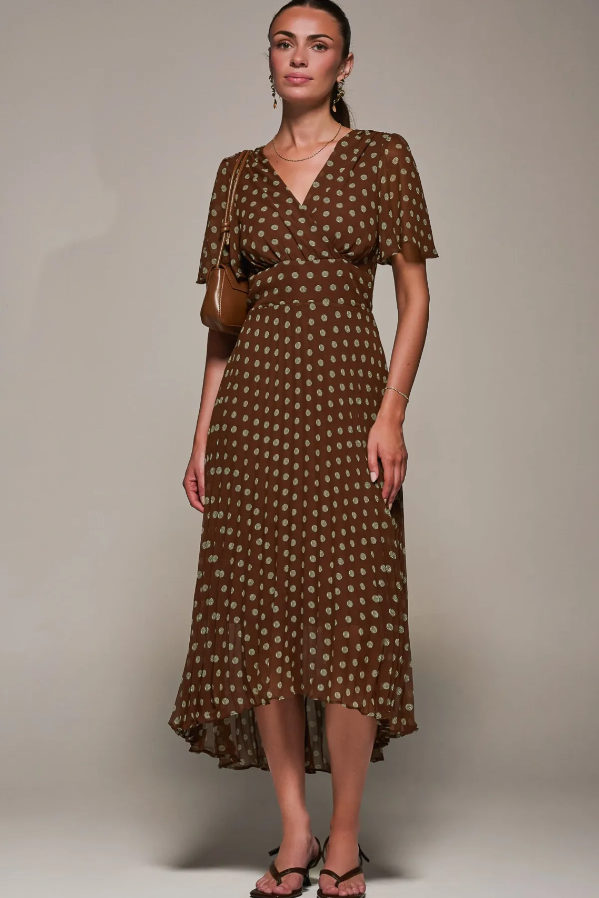 Jolie Moi Occasion Dresses|Maxi Dresses-Chiffon Pleated Dip Hem Maxi Dress, Brown Spot