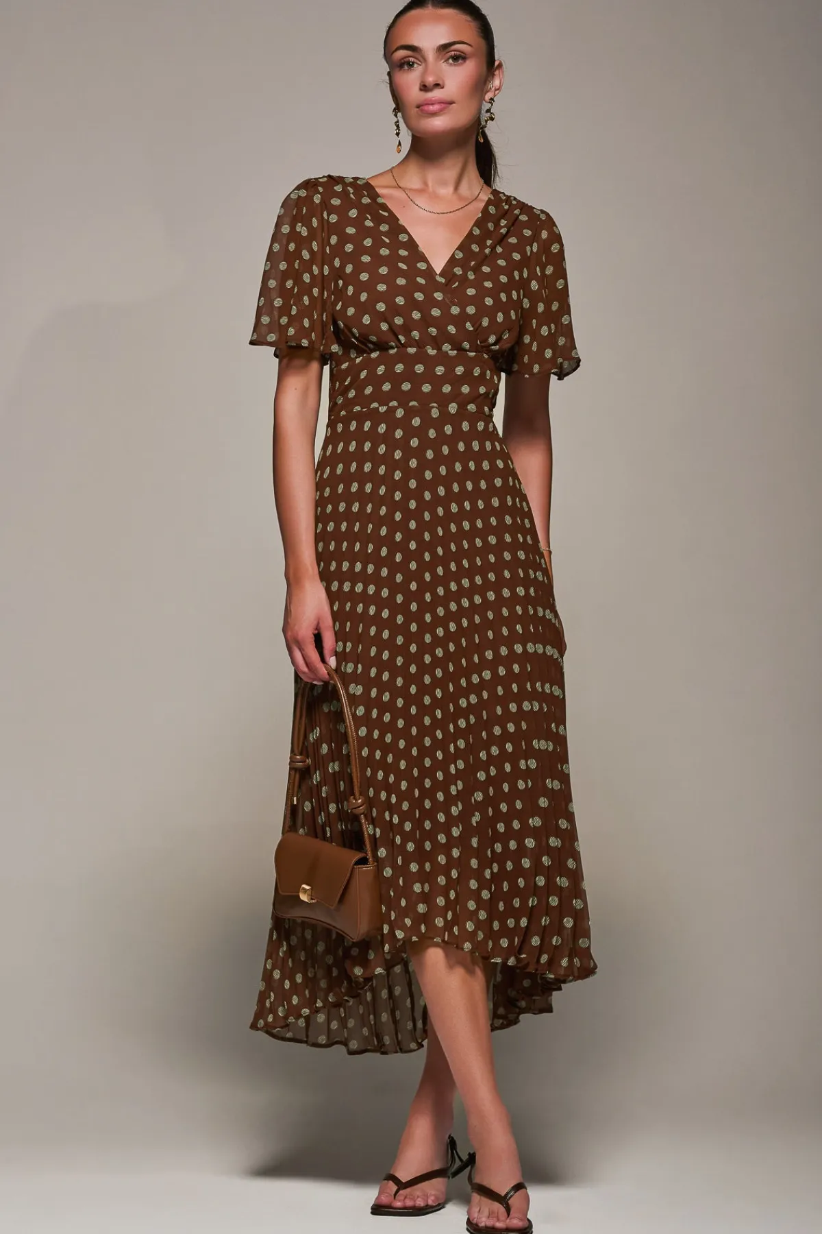 Jolie Moi Occasion Dresses|Maxi Dresses-Chiffon Pleated Dip Hem Maxi Dress, Brown Spot