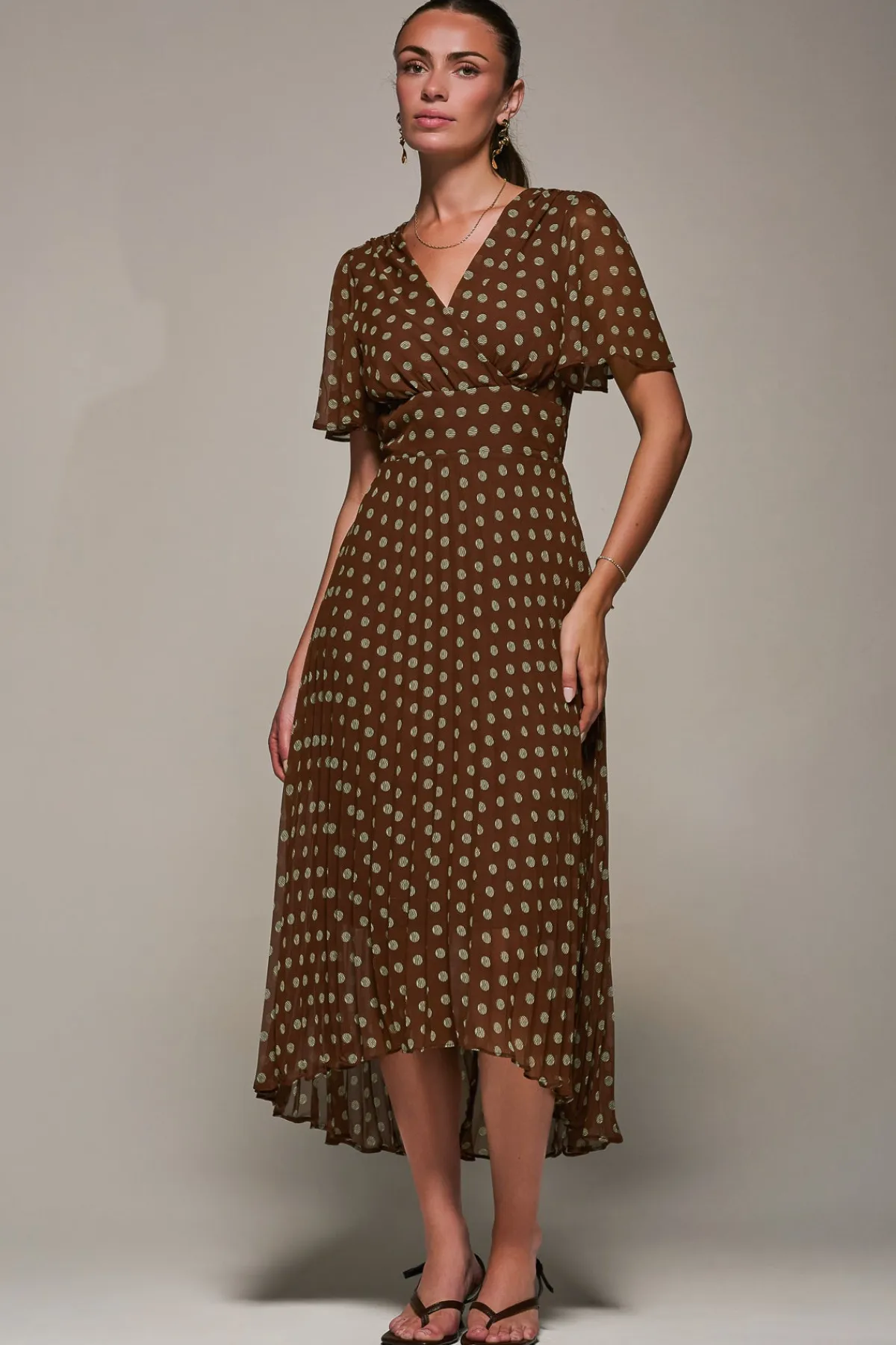 Jolie Moi Occasion Dresses|Maxi Dresses-Chiffon Pleated Dip Hem Maxi Dress, Brown Spot