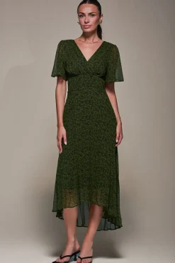 Jolie Moi Occasion Dresses|Floral Dresses-Chiffon Pleated Dip Hem Maxi Dress, Green Abstract
