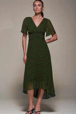 Jolie Moi Occasion Dresses|Floral Dresses-Chiffon Pleated Dip Hem Maxi Dress, Green Abstract