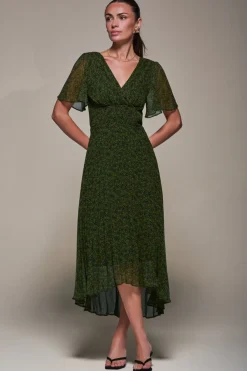 Jolie Moi Occasion Dresses|Floral Dresses-Chiffon Pleated Dip Hem Maxi Dress, Green Abstract
