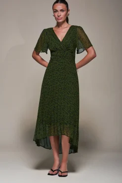 Jolie Moi Occasion Dresses|Floral Dresses-Chiffon Pleated Dip Hem Maxi Dress, Green Abstract