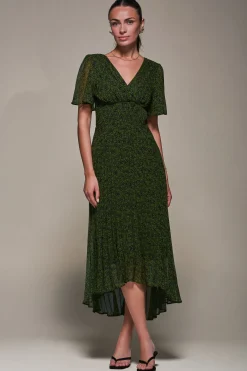 Jolie Moi Occasion Dresses|Floral Dresses-Chiffon Pleated Dip Hem Maxi Dress, Green Abstract