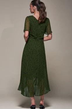 Jolie Moi Occasion Dresses|Floral Dresses-Chiffon Pleated Dip Hem Maxi Dress, Green Abstract