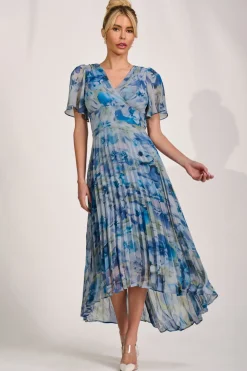 Jolie Moi Wedding Guest|Wedding Guest-Chiffon Pleated Maxi Dress, Blue Abstract