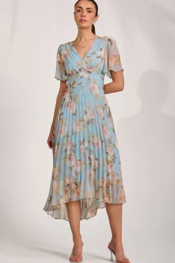 Jolie Moi Occasion Dresses|Maxi Dresses-Chiffon Pleated Maxi Dress, Blue Floral