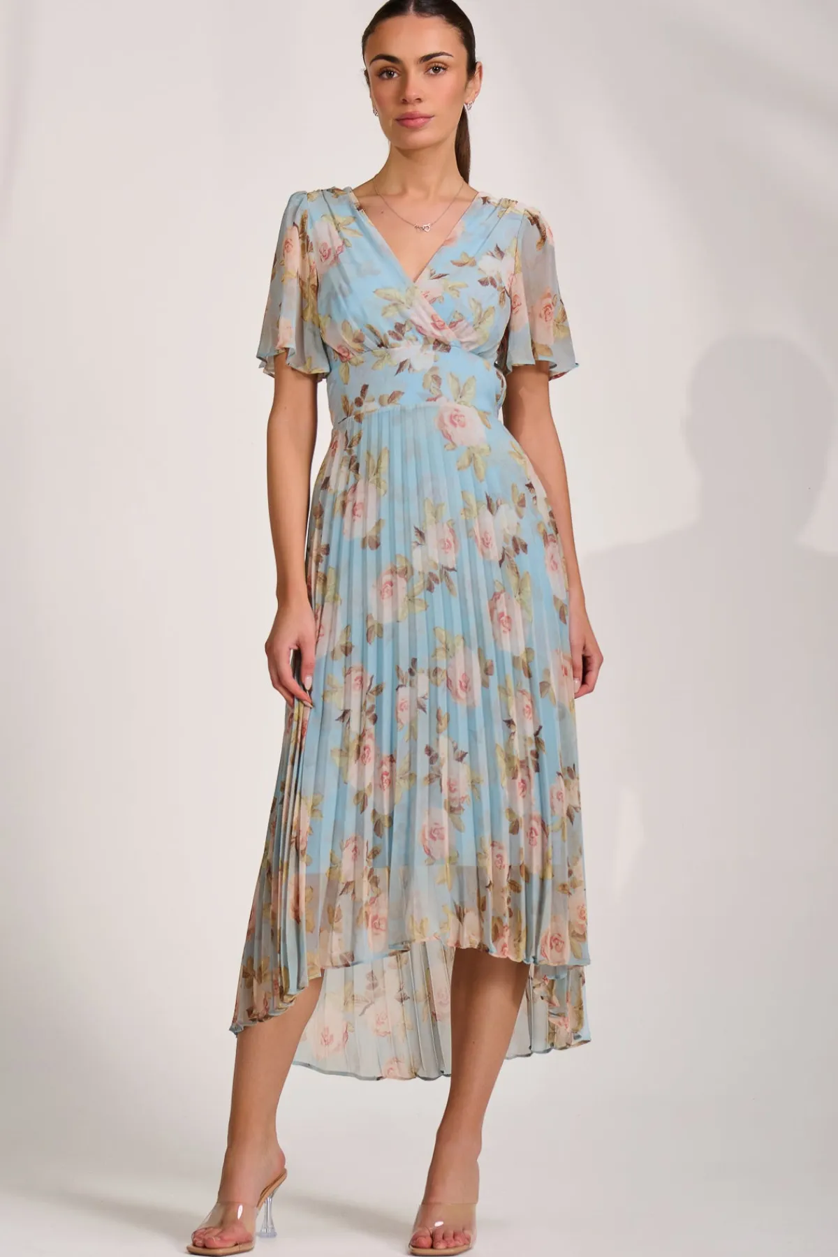 Jolie Moi Occasion Dresses|Maxi Dresses-Chiffon Pleated Maxi Dress, Blue Floral