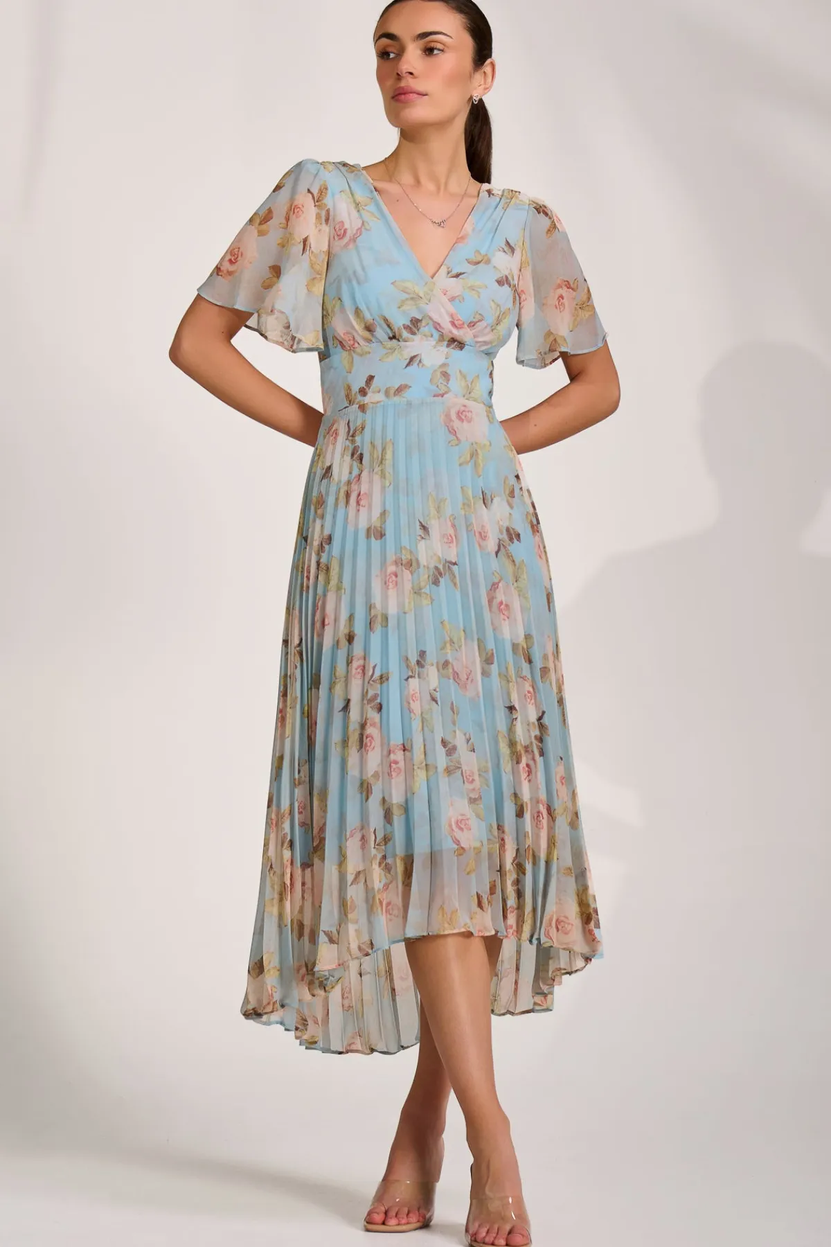Jolie Moi Occasion Dresses|Maxi Dresses-Chiffon Pleated Maxi Dress, Blue Floral