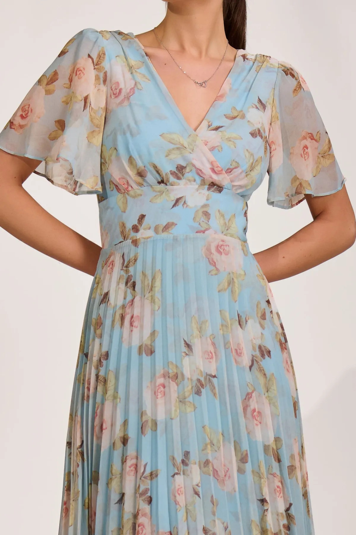 Jolie Moi Occasion Dresses|Maxi Dresses-Chiffon Pleated Maxi Dress, Blue Floral