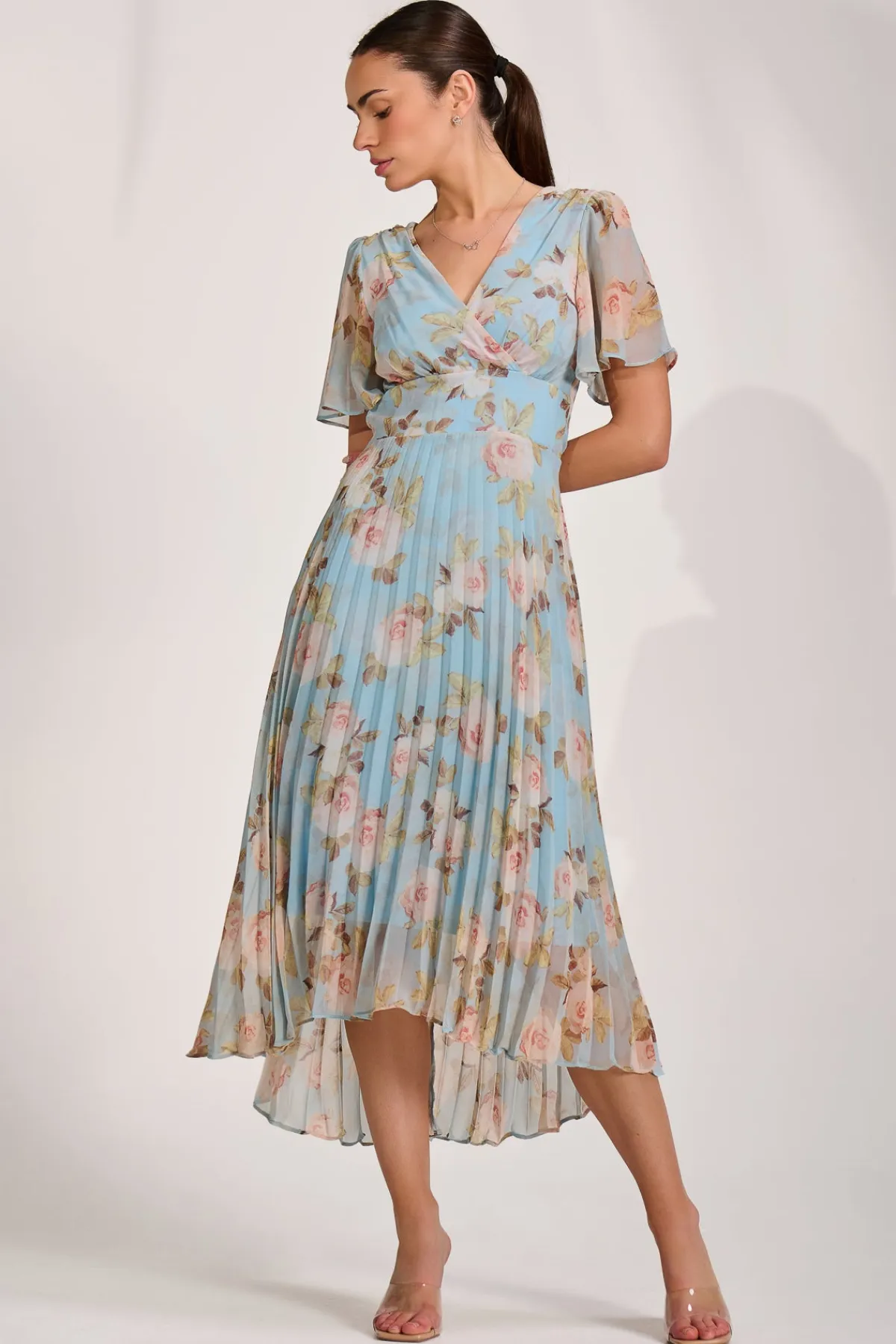 Jolie Moi Occasion Dresses|Maxi Dresses-Chiffon Pleated Maxi Dress, Blue Floral