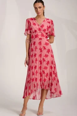 Jolie Moi Occasion Dresses|Floral Dresses-Chiffon Pleated Maxi Dress, Coral Floral