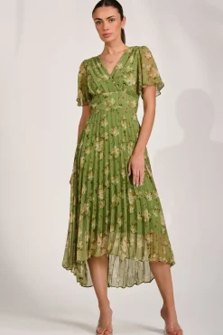 Jolie Moi Occasion Dresses|Maxi Dresses-Chiffon Pleated Maxi Dress, Green Floral