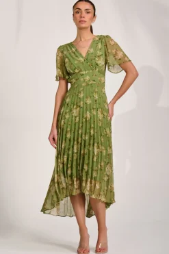 Jolie Moi Occasion Dresses|Maxi Dresses-Chiffon Pleated Maxi Dress, Green Floral