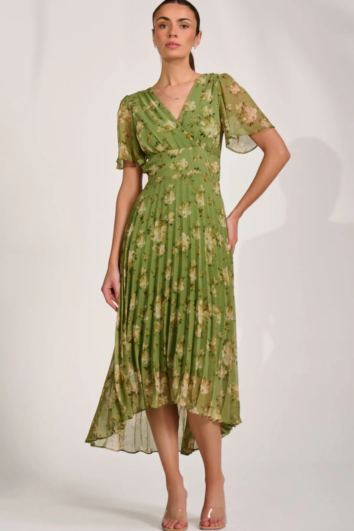 Jolie Moi Occasion Dresses|Maxi Dresses-Chiffon Pleated Maxi Dress, Green Floral