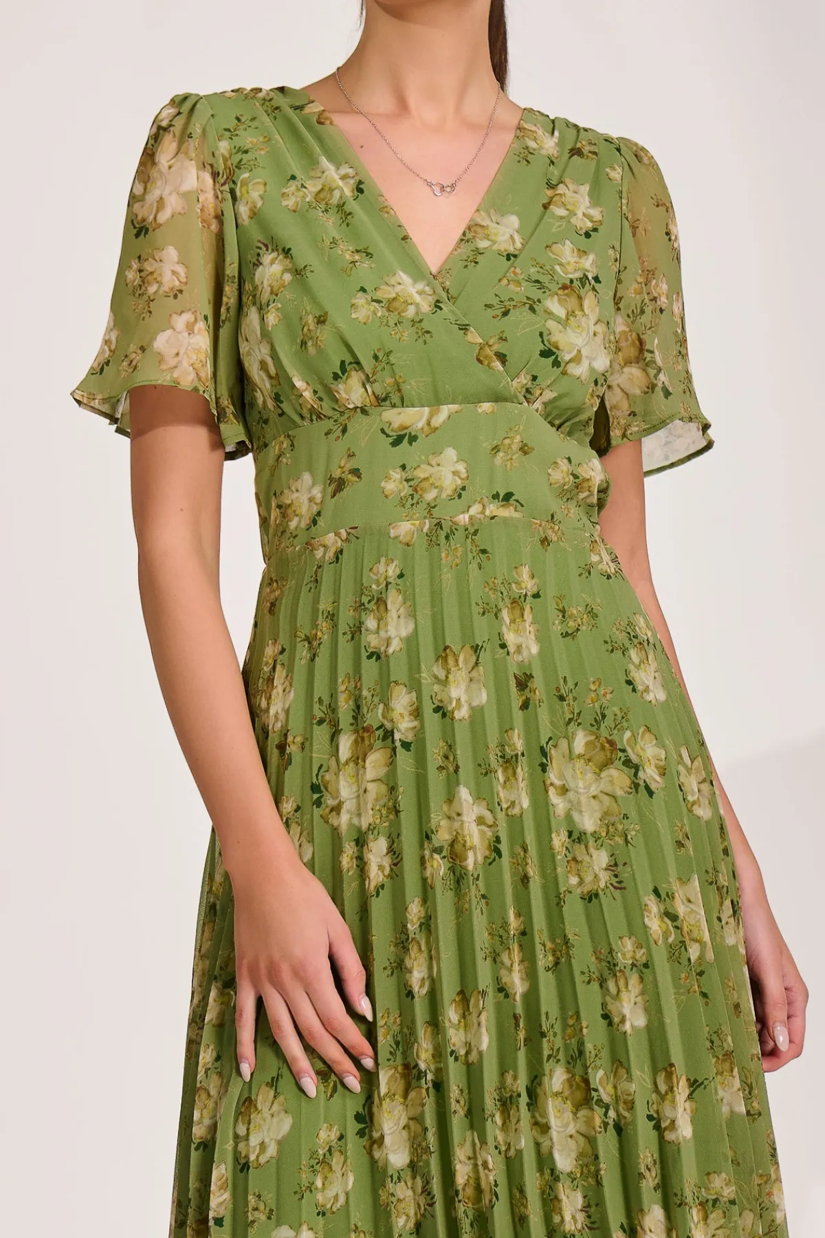 Jolie Moi Occasion Dresses|Maxi Dresses-Chiffon Pleated Maxi Dress, Green Floral
