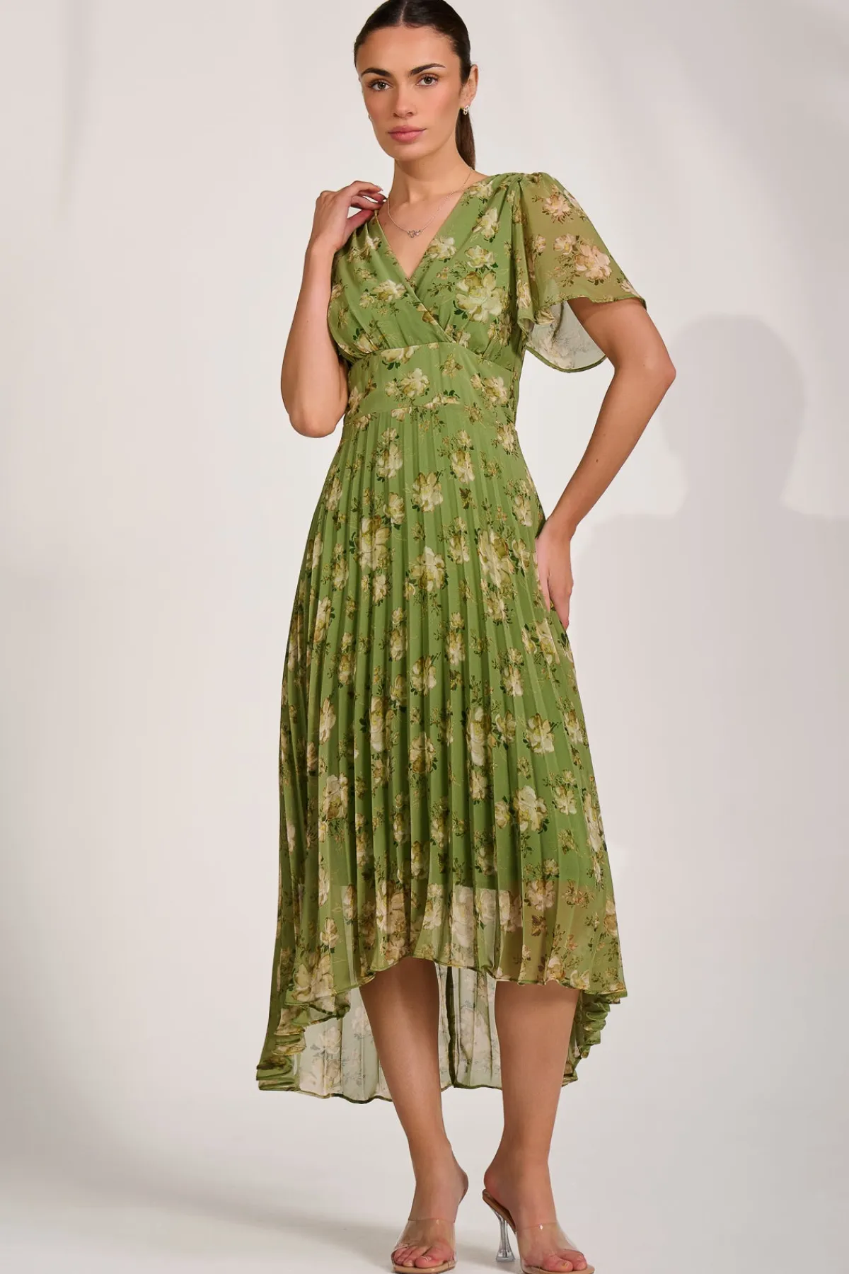 Jolie Moi Occasion Dresses|Maxi Dresses-Chiffon Pleated Maxi Dress, Green Floral