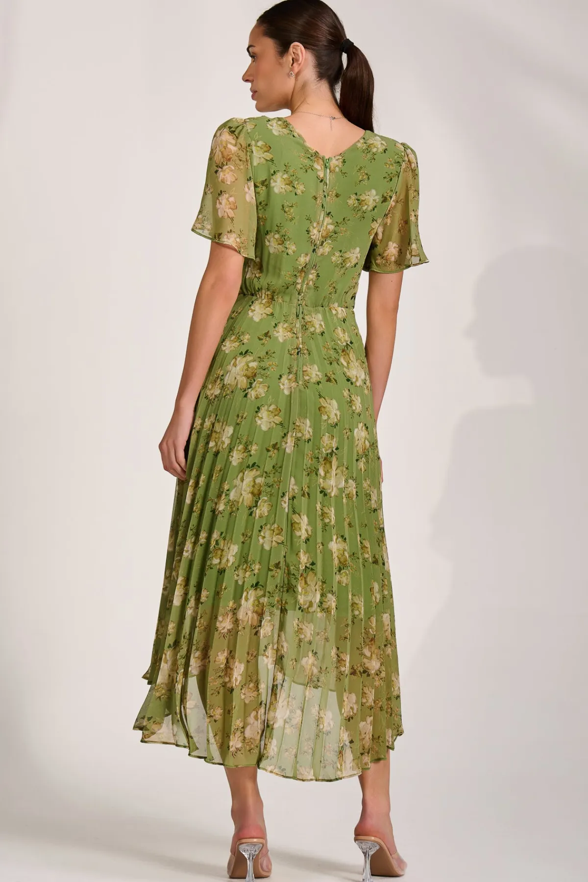 Jolie Moi Occasion Dresses|Maxi Dresses-Chiffon Pleated Maxi Dress, Green Floral