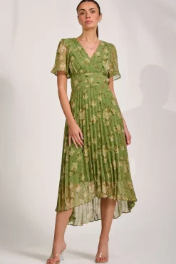 Jolie Moi Occasion Dresses|Maxi Dresses-Chiffon Pleated Maxi Dress, Green Floral