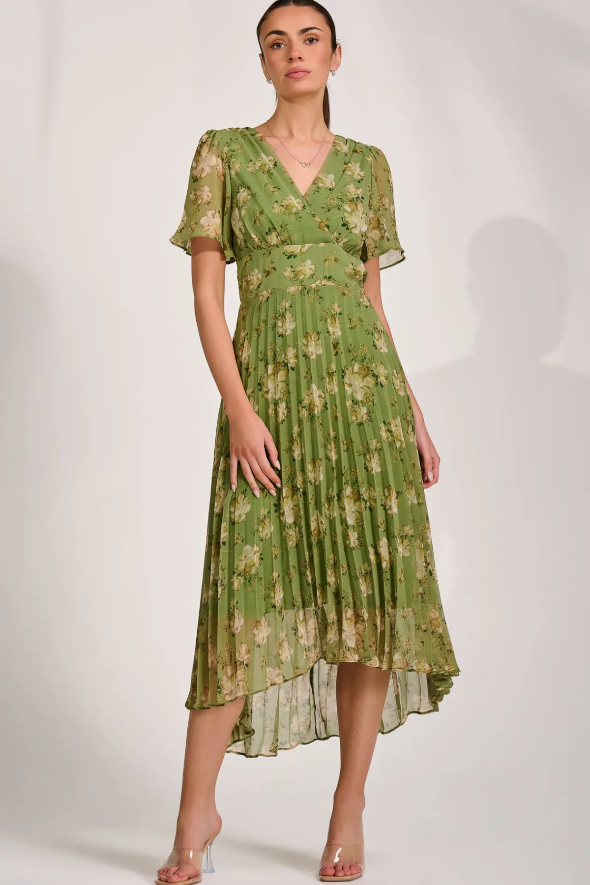 Jolie Moi Occasion Dresses|Maxi Dresses-Chiffon Pleated Maxi Dress, Green Floral
