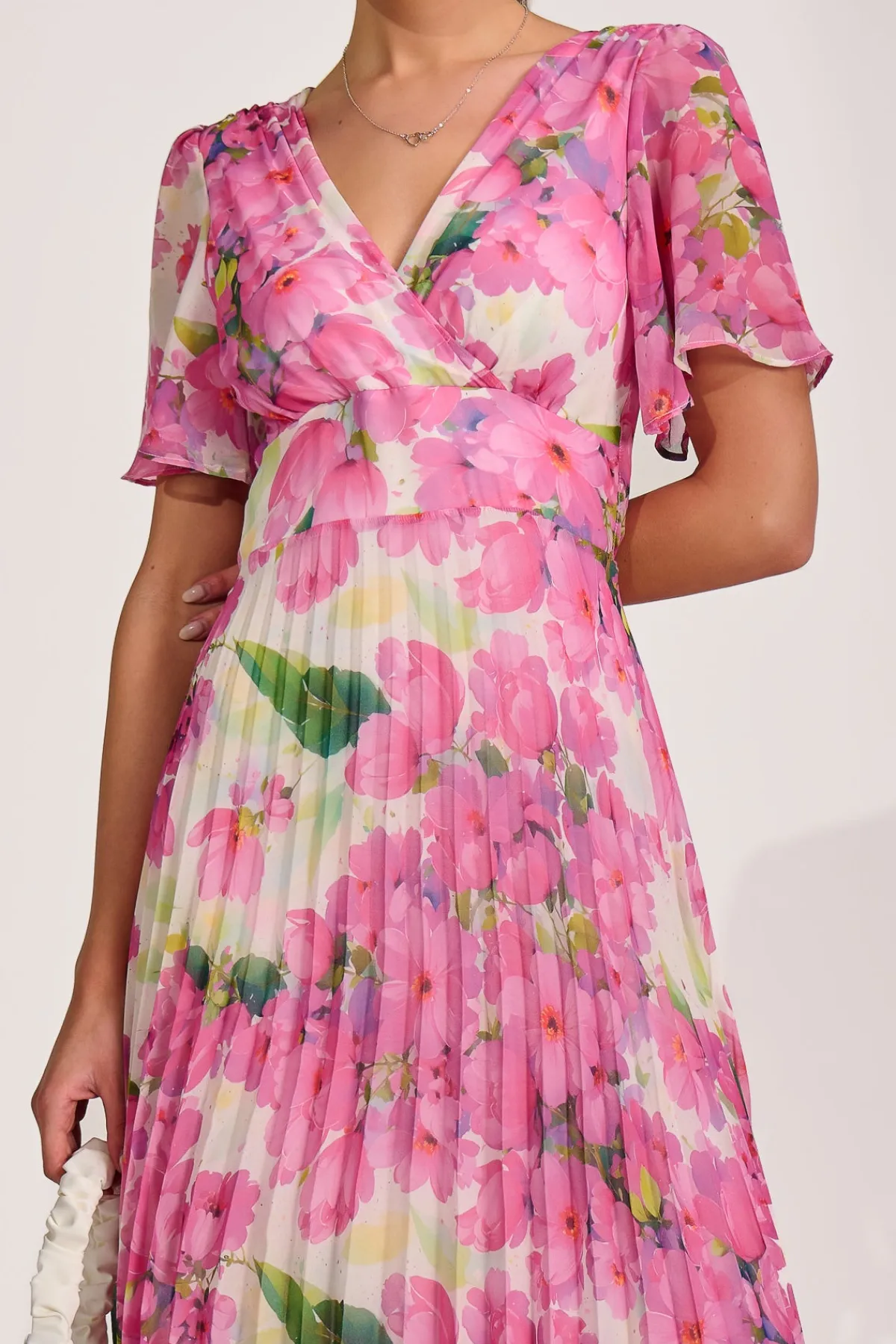 Jolie Moi Occasion Dresses|Wedding Guest-Chiffon Pleated Maxi Dress, Pink Floral