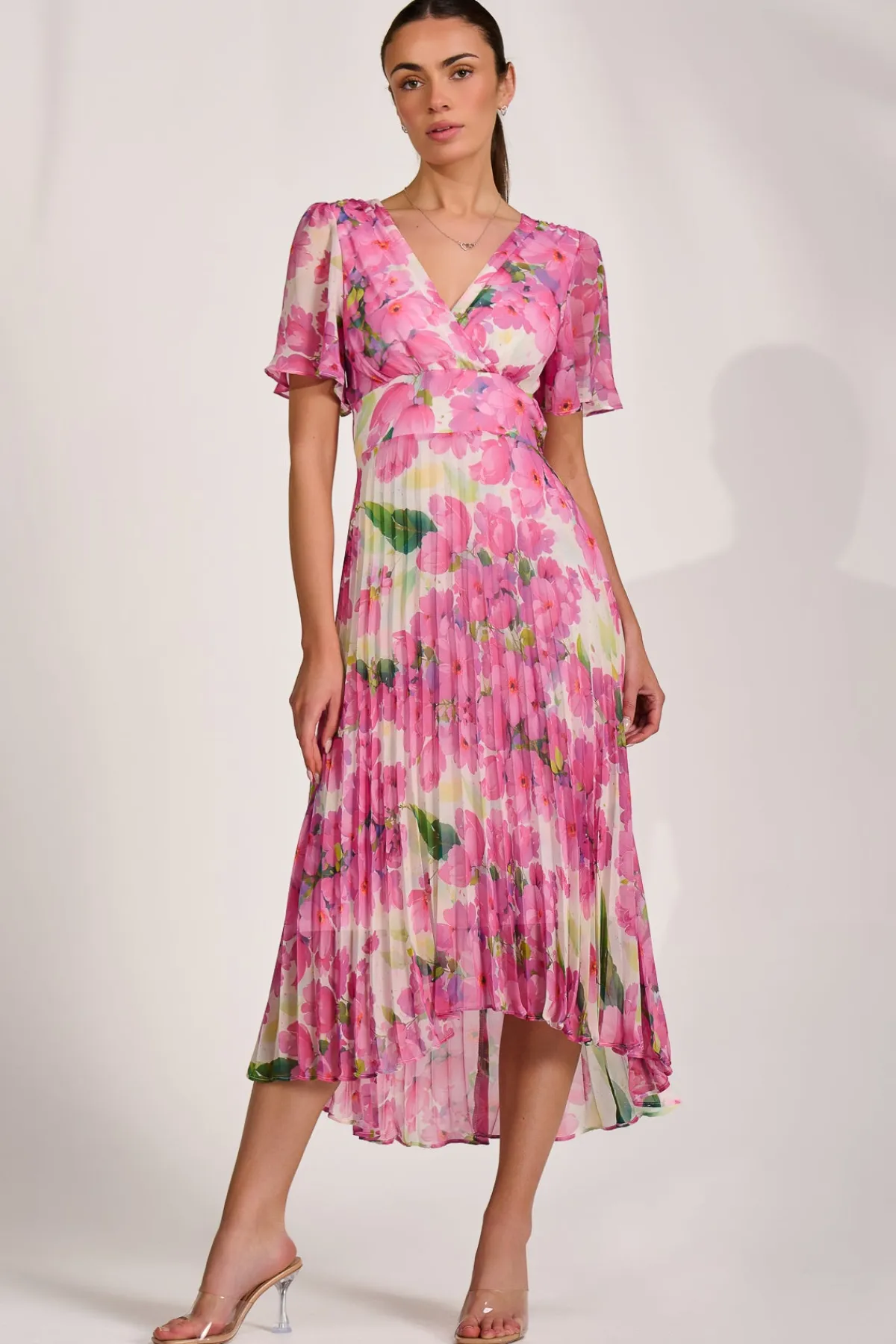 Jolie Moi Occasion Dresses|Wedding Guest-Chiffon Pleated Maxi Dress, Pink Floral