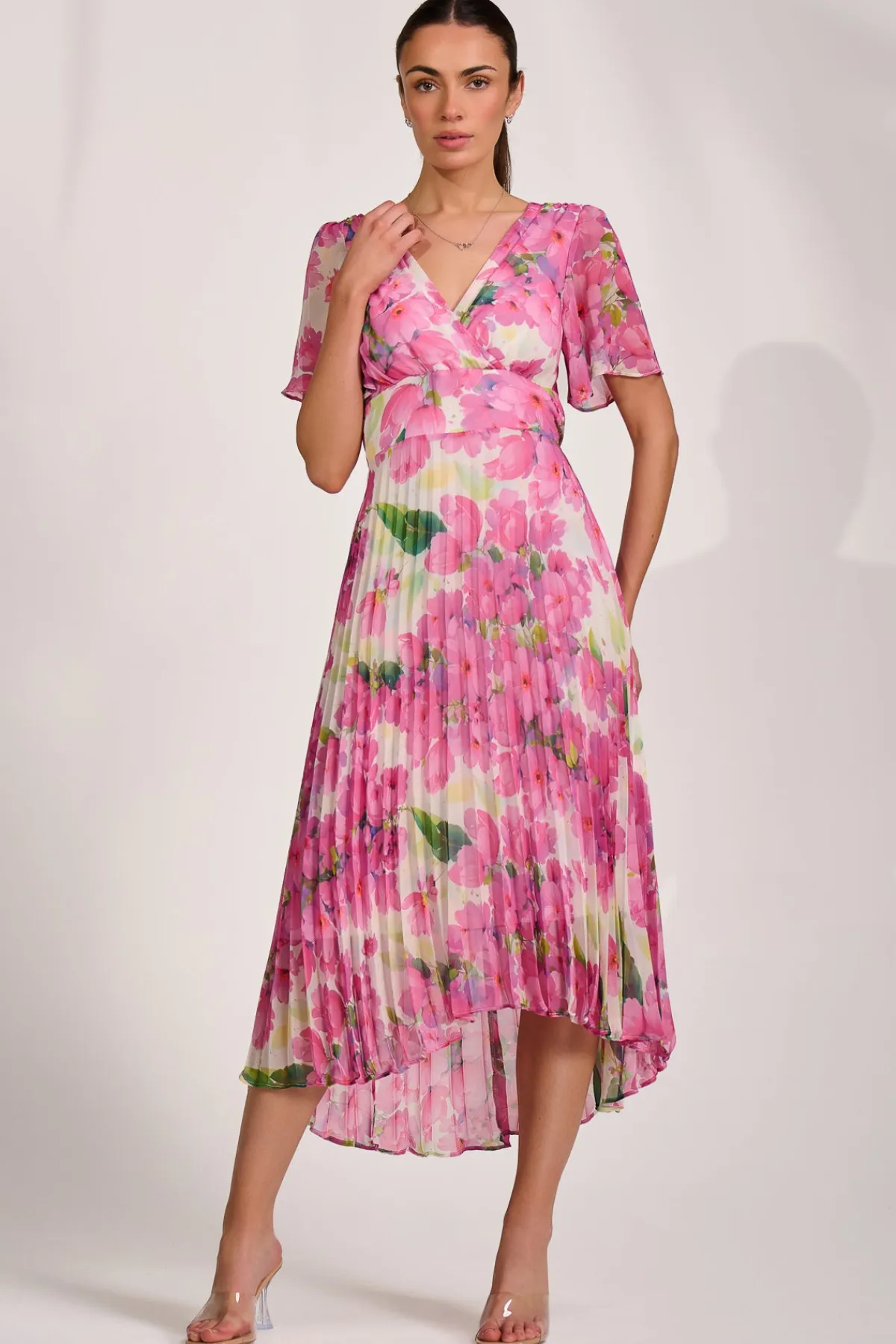 Jolie Moi Occasion Dresses|Wedding Guest-Chiffon Pleated Maxi Dress, Pink Floral