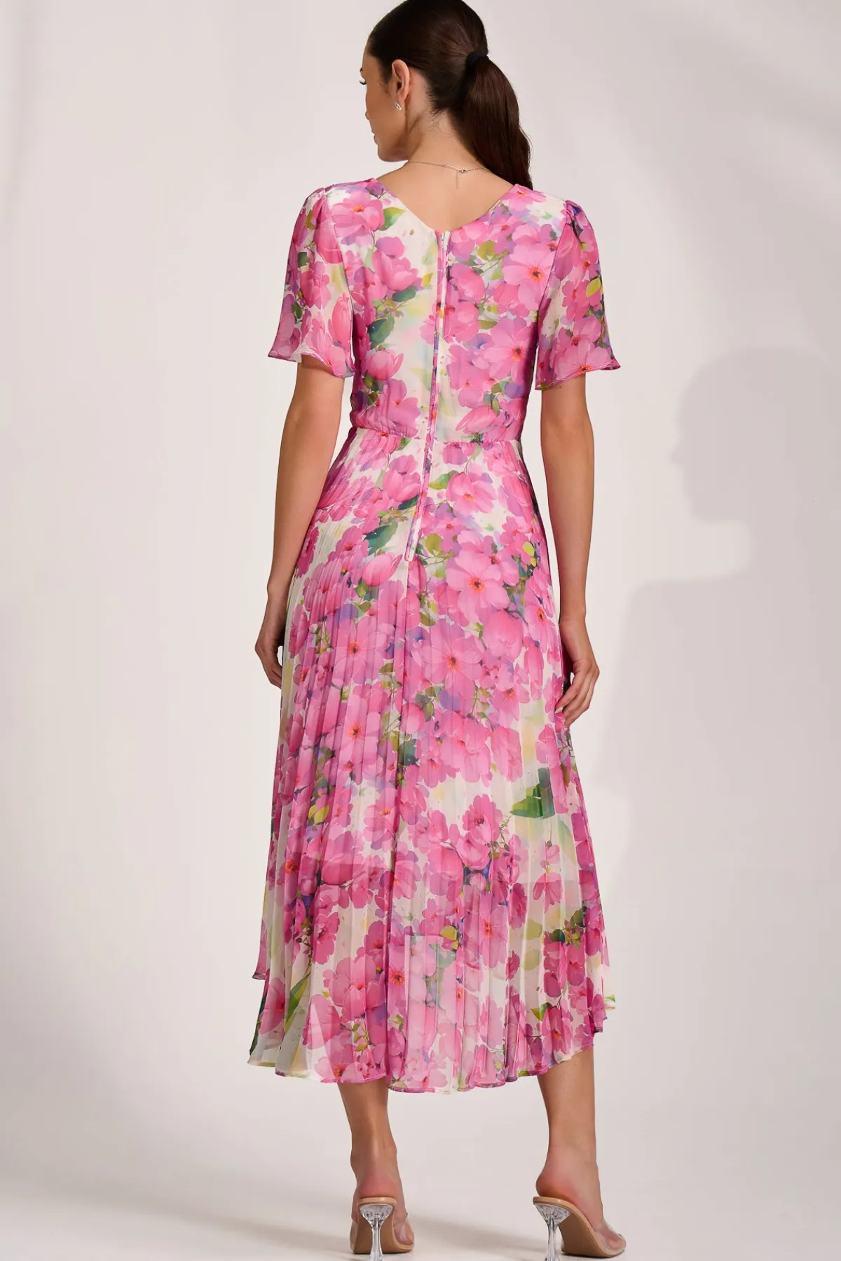 Jolie Moi Occasion Dresses|Wedding Guest-Chiffon Pleated Maxi Dress, Pink Floral