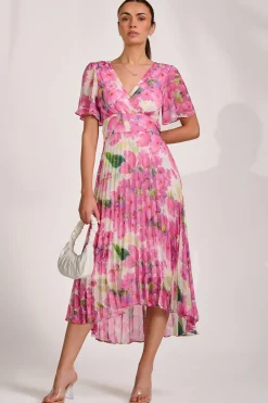 Jolie Moi Occasion Dresses|Wedding Guest-Chiffon Pleated Maxi Dress, Pink Floral