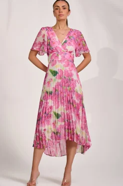 Jolie Moi Occasion Dresses|Wedding Guest-Chiffon Pleated Maxi Dress, Pink Floral