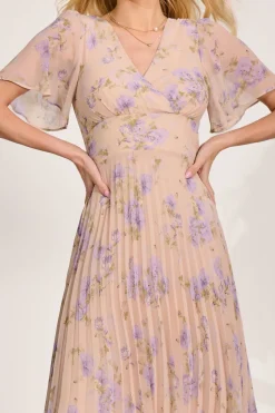 Jolie Moi Floral Dresses|Maxi Dresses-Chiffon Pleated Maxi Dress, Yellow Floral