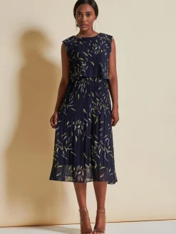 Jolie Moi Occasion Dresses|Sleeveless Dresses-Chiffon Pleated Overlay Midi Dress, Navy Leafy