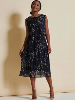 Jolie Moi Occasion Dresses|Sleeveless Dresses-Chiffon Pleated Overlay Midi Dress, Navy Leafy